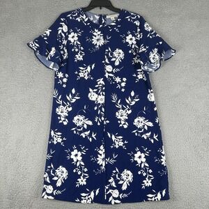 Lark & Ro Dress Womens Size 10 Blue White Floral Ruffle Sleeve Shift Knee Length